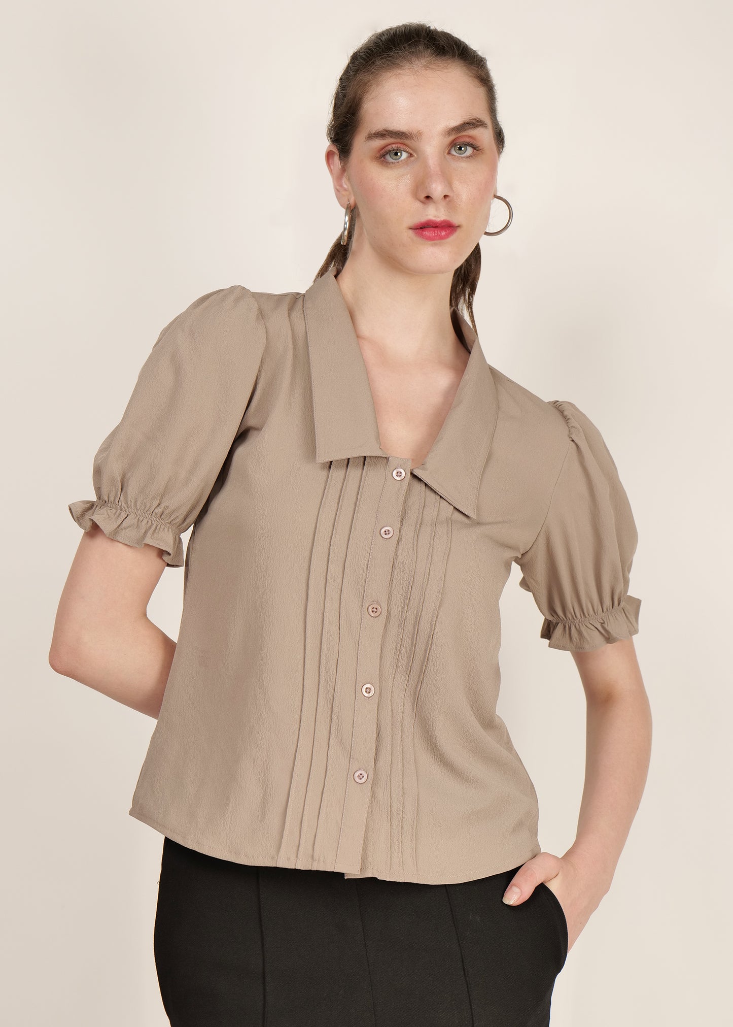 t-shirt office/ casual women puff sleeve pin-tuck poly