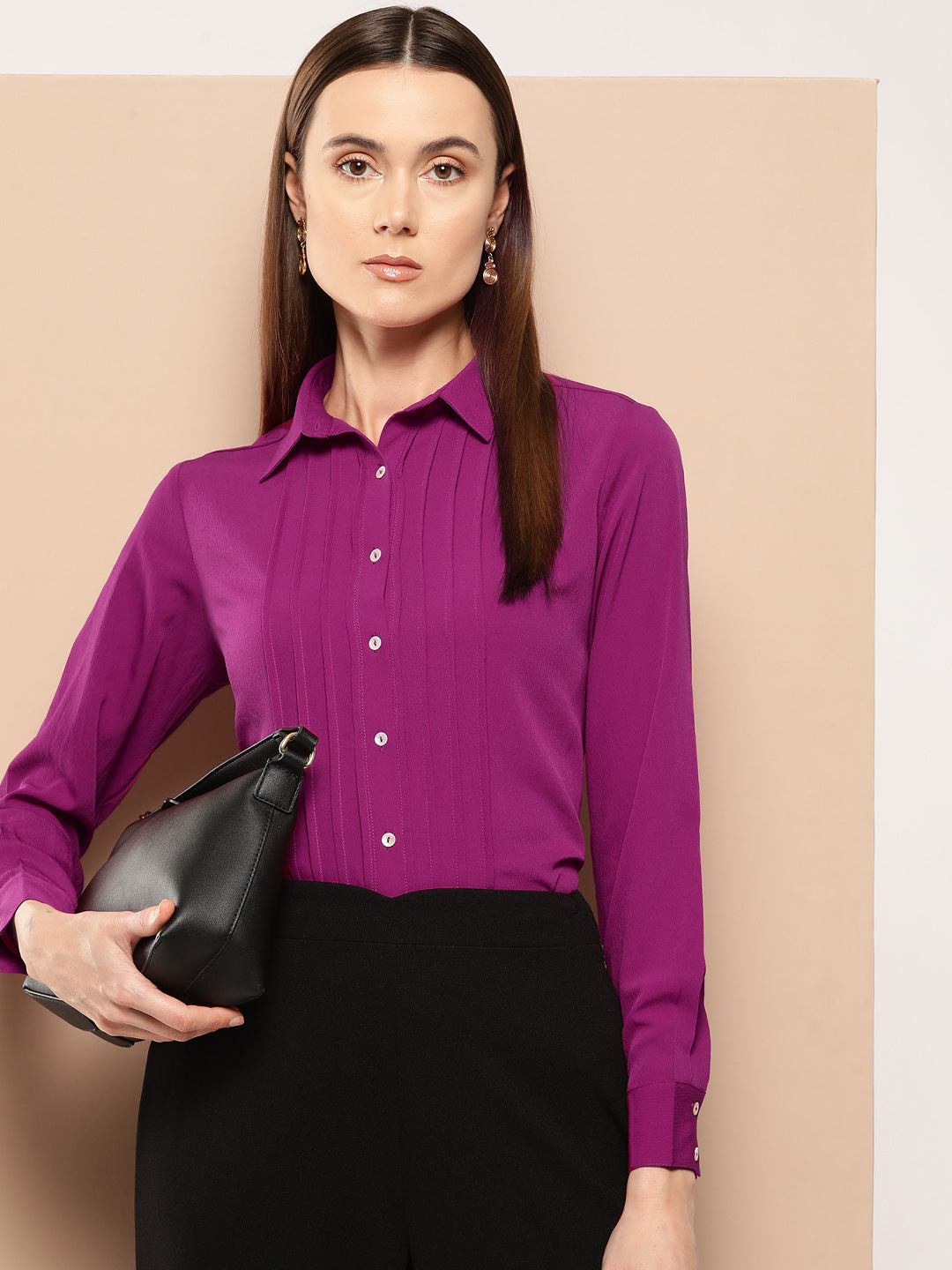 Purple solid opaque Semiformal shirt casual/Office young girls/women spread collar, button placket, long regular sleeves, curved hem polyester c