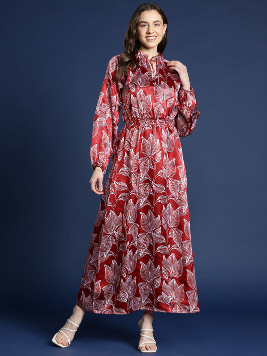 Exclusive red printed long dress Party wear women full sleeve long dress polyester satin