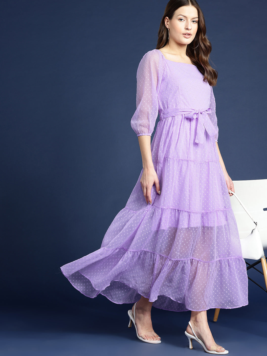 Lavender Dobby Belted Tiered Maxi Dress