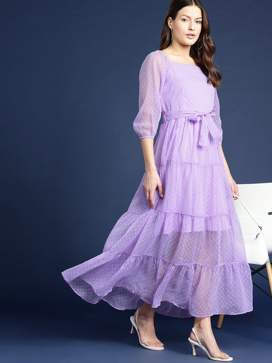 Lavender Dobby Belted Tiered Maxi Dress