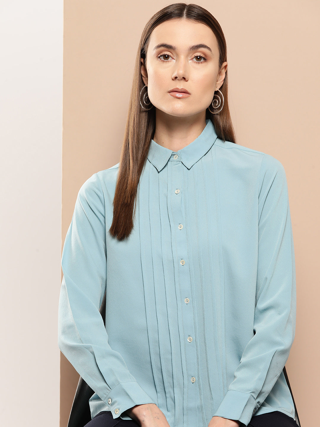 blue solid opaque semi formal shirt casual/office young girls/women  spread collar, button placket, long regular sleeve shirt curved hem polyester crepe