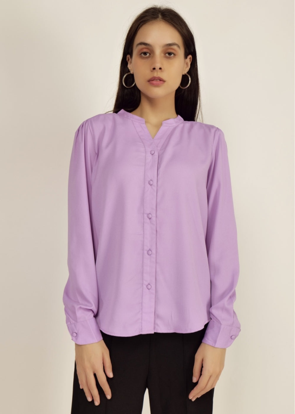 Lilac Full Sleeve Shirt casual/Office young girls/women Button Down Blouse for Women, Band Collar polyester crepe