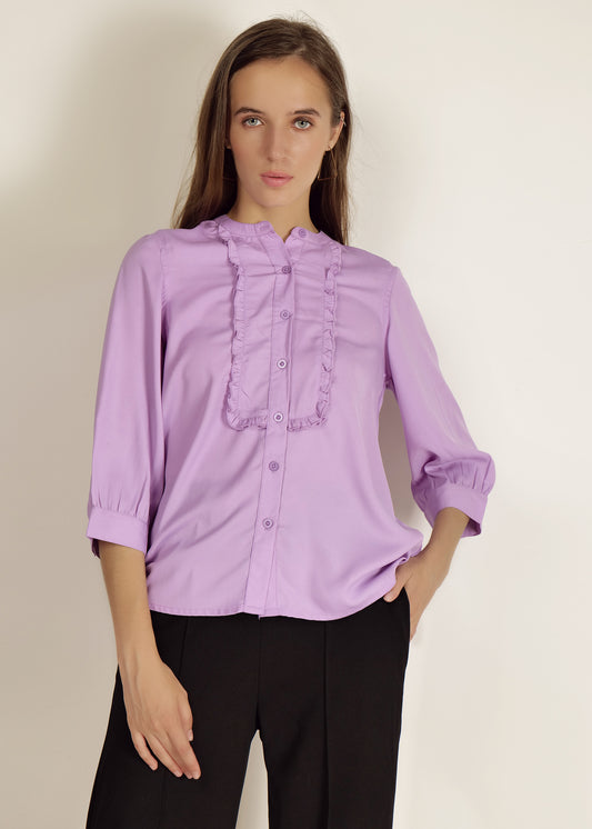 Lavender Mandarin Collar Shirts casual/Office young girls/women Lavender Solid Front Ruffled 3/4 Sleeve 100polyester Dobby