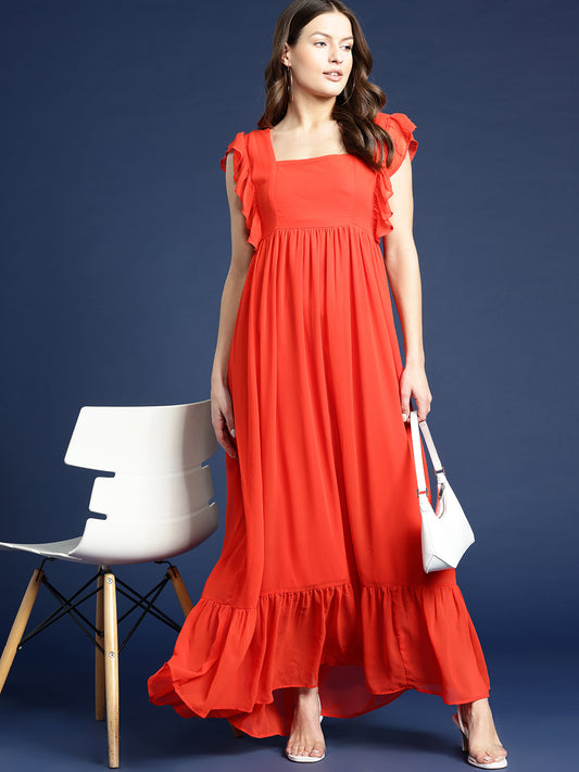 Orange Square Neck Ruffle Detail Maxi Length Dress