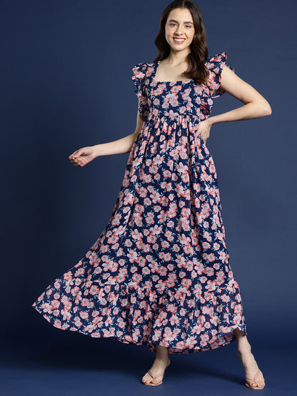 Floral Print Square Neck Ruffle Detail Maxi Length Dress