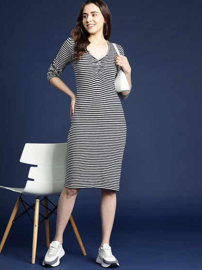 Black And White Striped Ruched Detail Bodycon Knee Length Dress