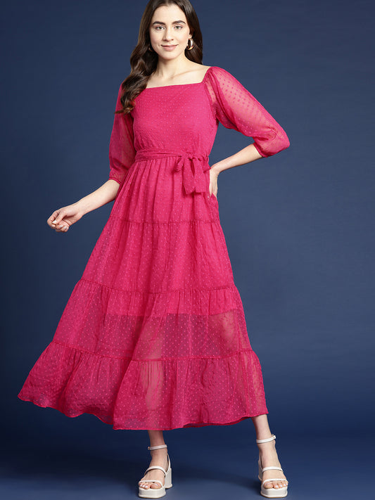 Pink Dobby Belted Tiered Maxi Dress