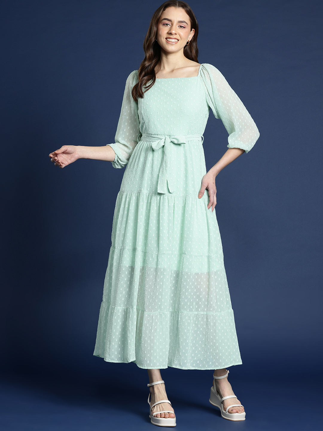 Pista Green Dobby Belted Tiered Maxi Dress