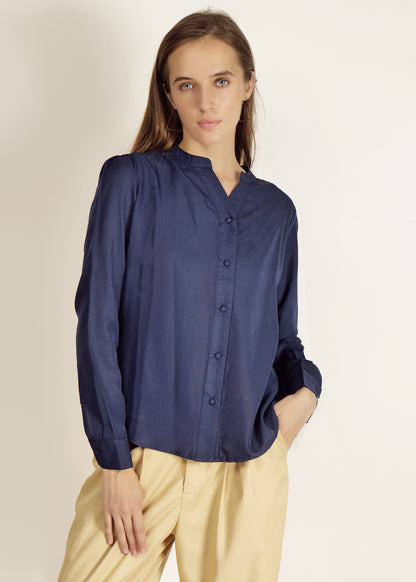 Navy Full Sleeve Shirt casual/Office young girls/women Button Down Blouse for Women, Band Collar  polyester crepe