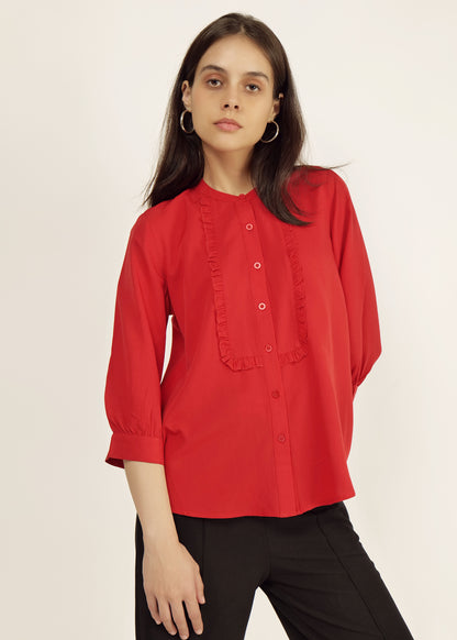 Red Mandarin Collar Shirt casual/of fit Young girls/women Spread Collar Georgette Casual Shirt polyester Dobby