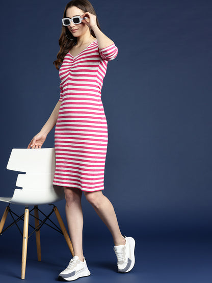 Red And White Striped Ruched Detail Bodycon Knee Length Dress