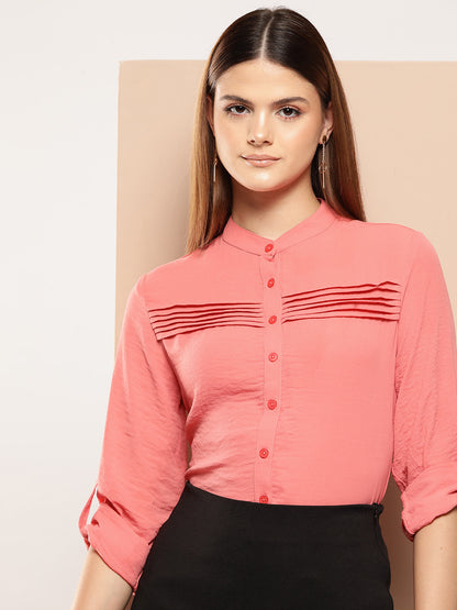 Coral pink solid opaque pintuck shirt casual/Office women has a spread collar