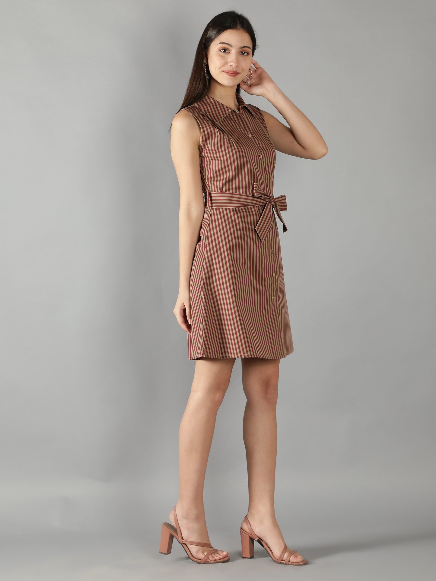 Beige And Red Stripes Knee Length Shirt Dress