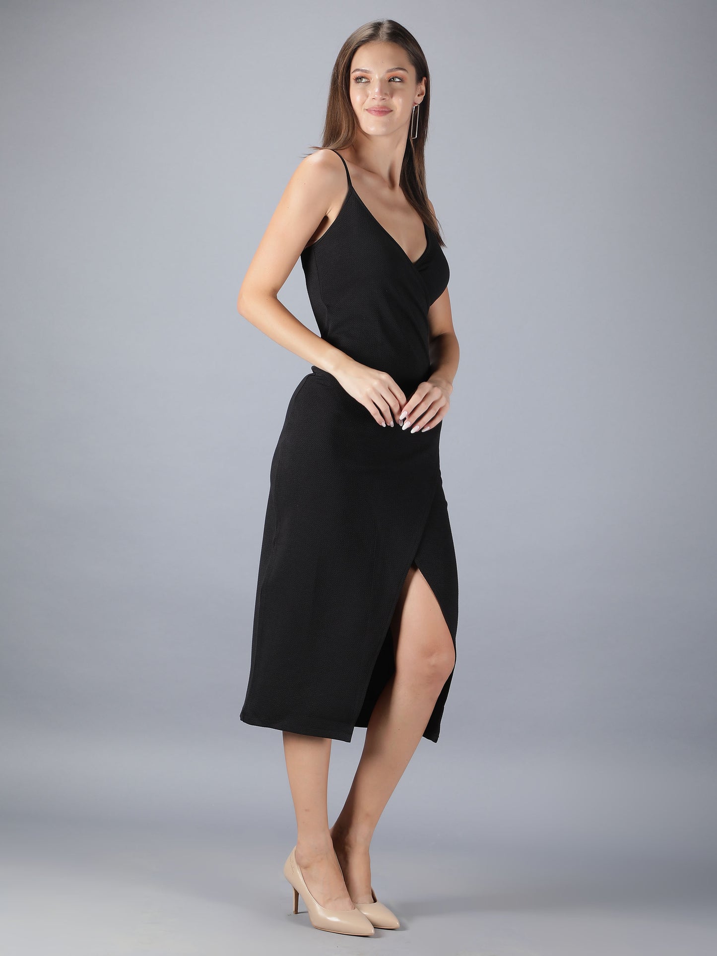 Black Strappy Bodycon With Front Slit Midi Dress