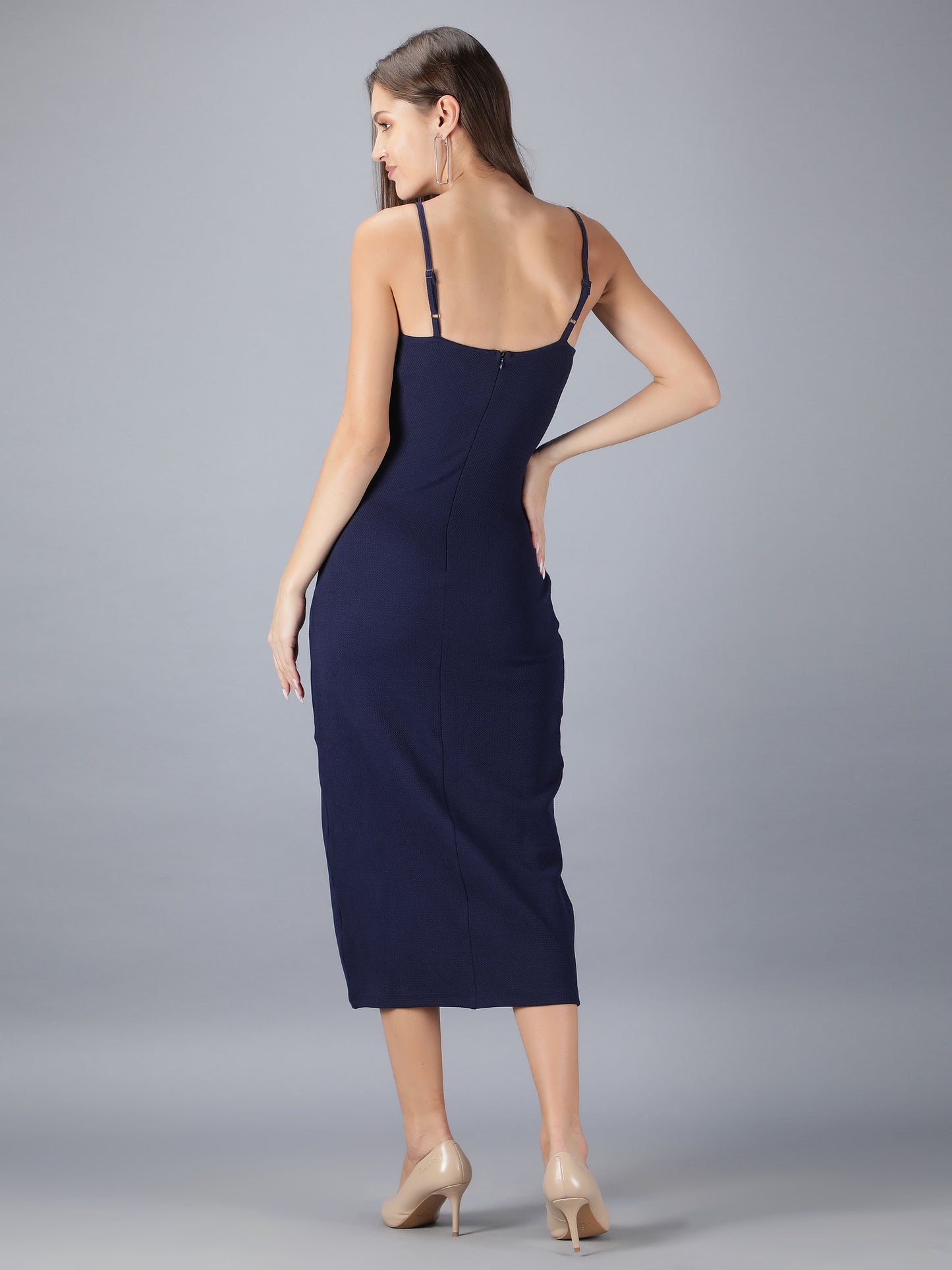 Navy Blue Strappy Bodycon With Front Slit Midi Dress