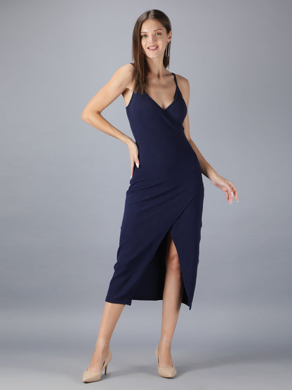 Navy Blue Strappy Bodycon With Front Slit Midi Dress