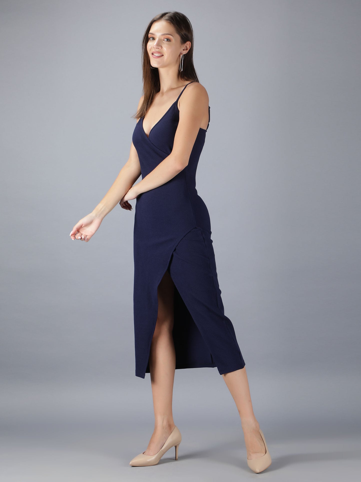 Navy Blue Strappy Bodycon With Front Slit Midi Dress