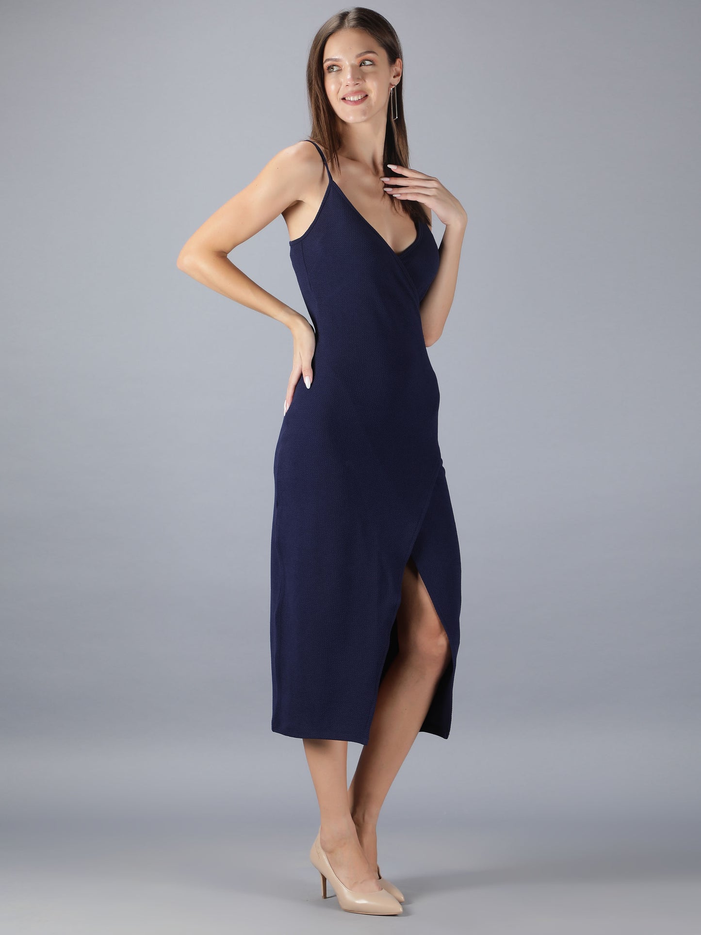 Navy Blue Strappy Bodycon With Front Slit Midi Dress