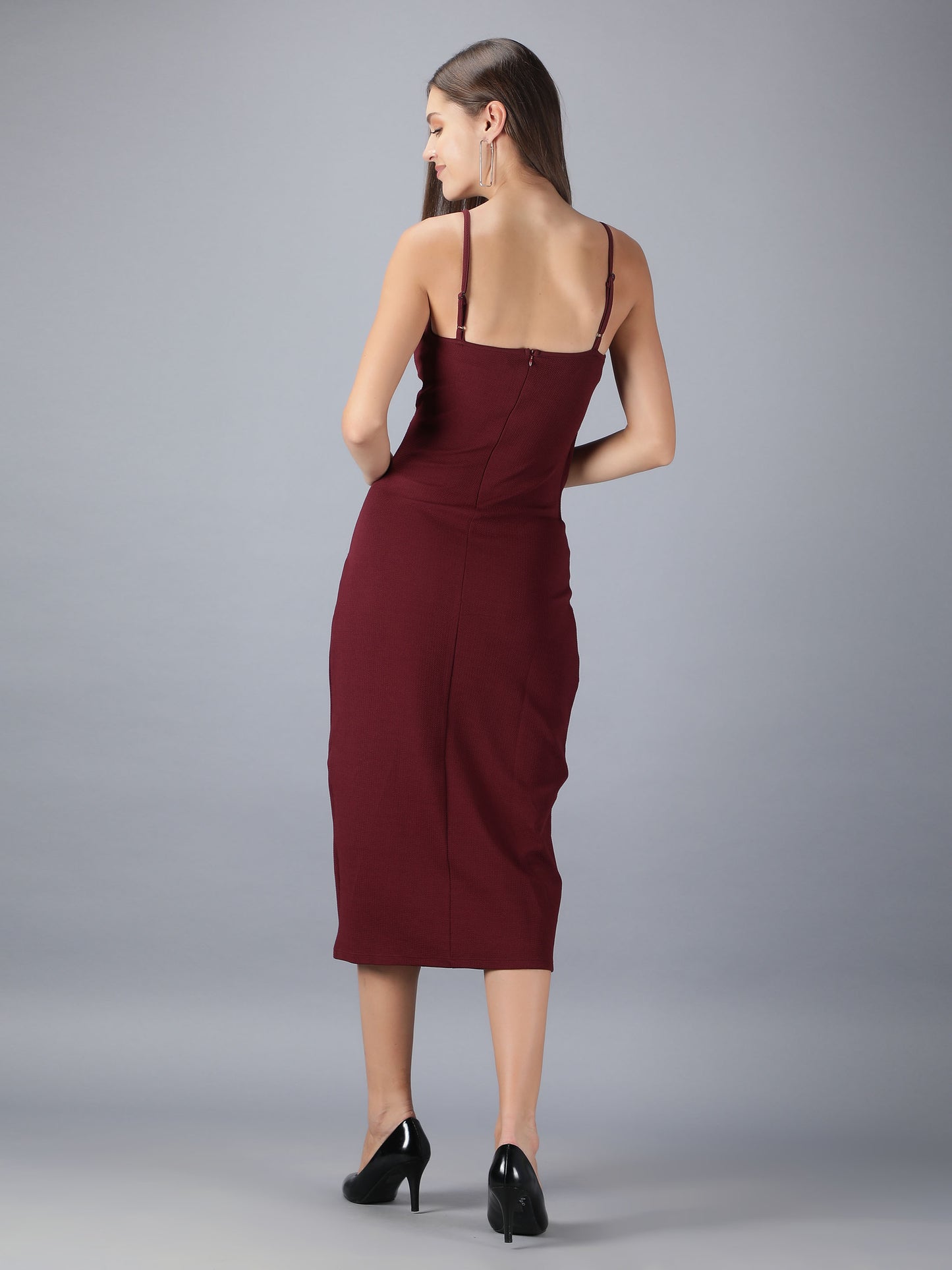 Wine Strappy Bodycon With Front Slit Midi Dress