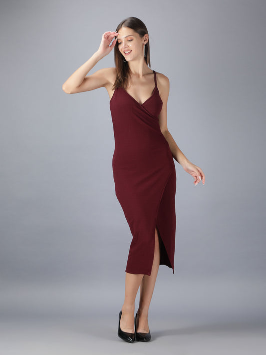 Wine Strappy Bodycon With Front Slit Midi Dress