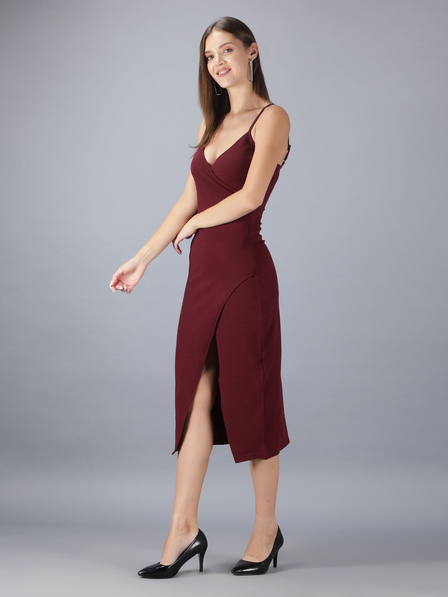 Wine Strappy Bodycon With Front Slit Midi Dress