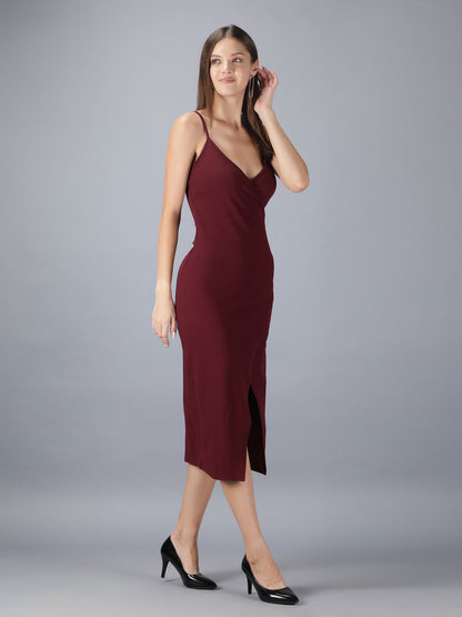 Wine Strappy Bodycon With Front Slit Midi Dress