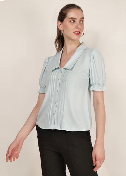 Aqua blue T-shirt office/ casual women puff sleeve pintuck poly