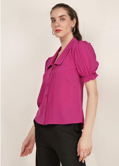 women Peripheral T-shirt office wear / casual wear puff sleeve pintuck poly