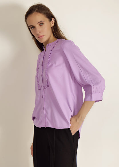 Lavender Mandarin Collar Shirts casual/Office young girls/women Lavender Solid Front Ruffled 3/4 Sleeve 100polyester Dobby