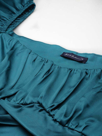 Teal Sweetheart Neck With Empire Waist Knee Length Dress In Satin