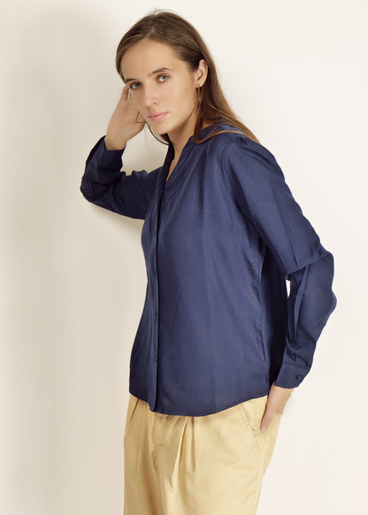 Navy Full Sleeve Shirt casual/Office young girls/women Button Down Blouse for Women, Band Collar  polyester crepe