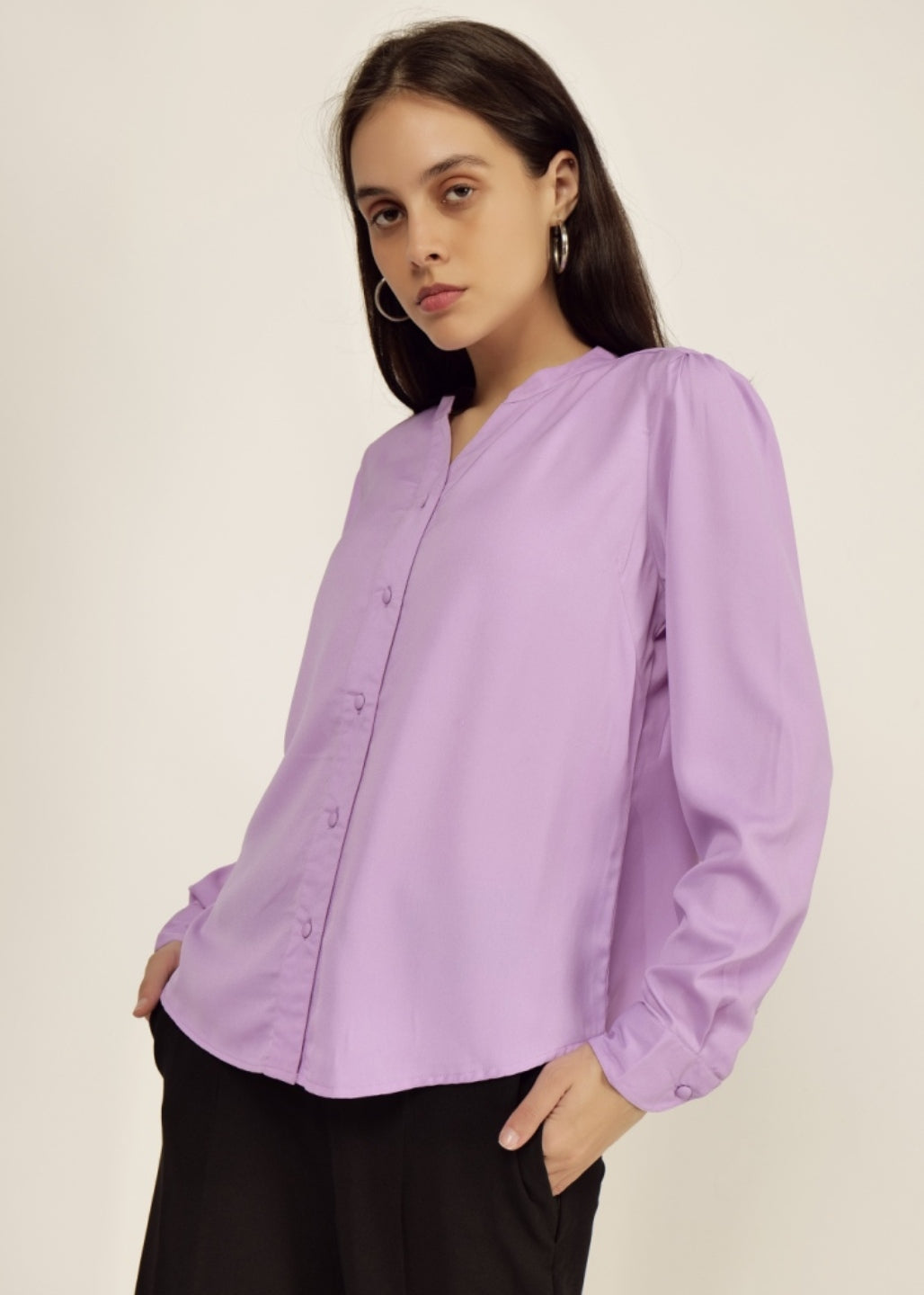 Lilac Full Sleeve Shirt casual/Office young girls/women Button Down Blouse for Women, Band Collar polyester crepe