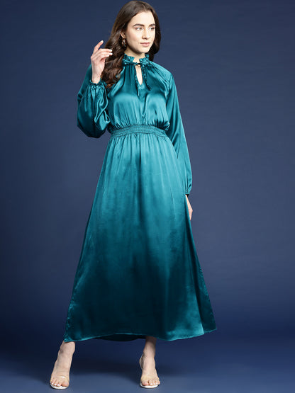 Teal Ruffle Detail Smocked Maxi Dress In Satin