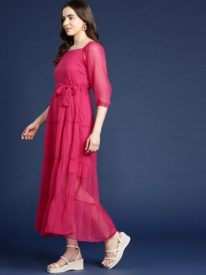 Pink Dobby Belted Tiered Maxi Dress