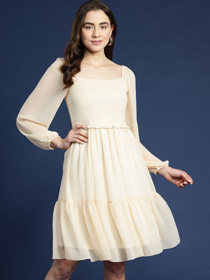 Beige Square Neck Tiered Knee Length Dress