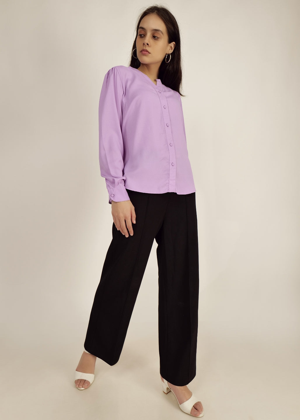 Lilac Full Sleeve Shirt casual/Office young girls/women Button Down Blouse for Women, Band Collar polyester crepe