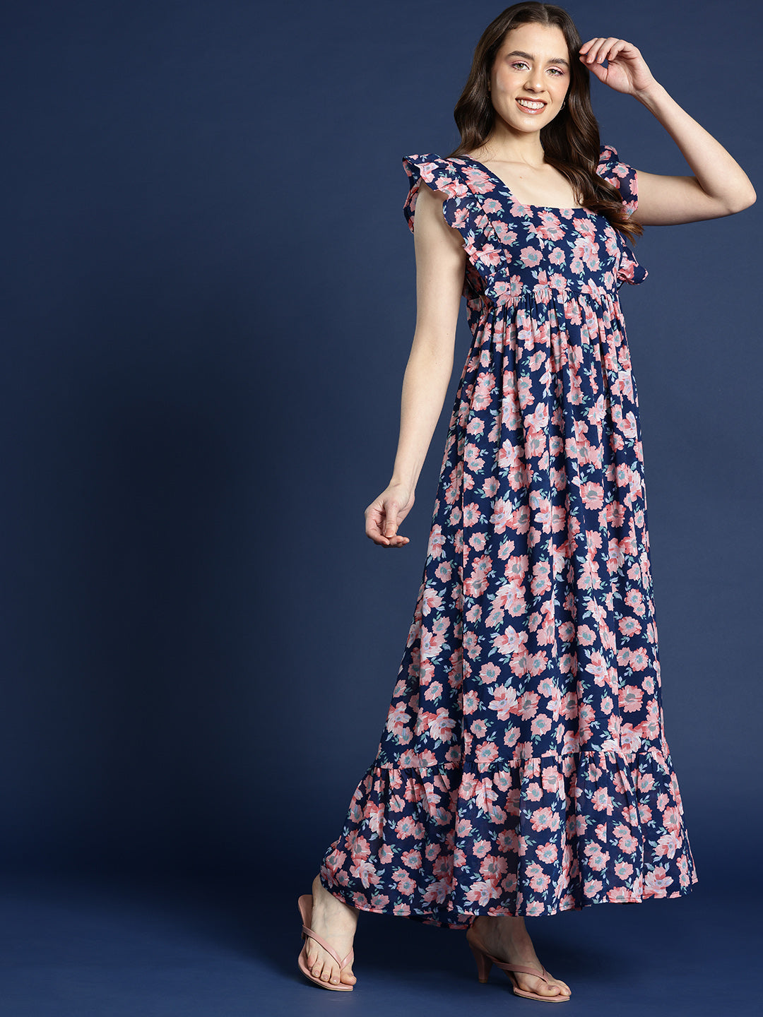 Floral Print Square Neck Ruffle Detail Maxi Length Dress