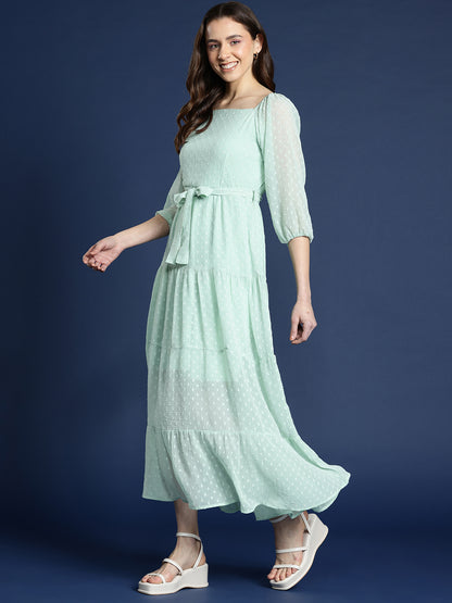 Pista Green Dobby Belted Tiered Maxi Dress