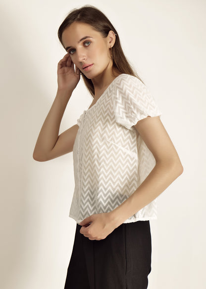 Saava White Dobby Short Sleeve Crop Shirt