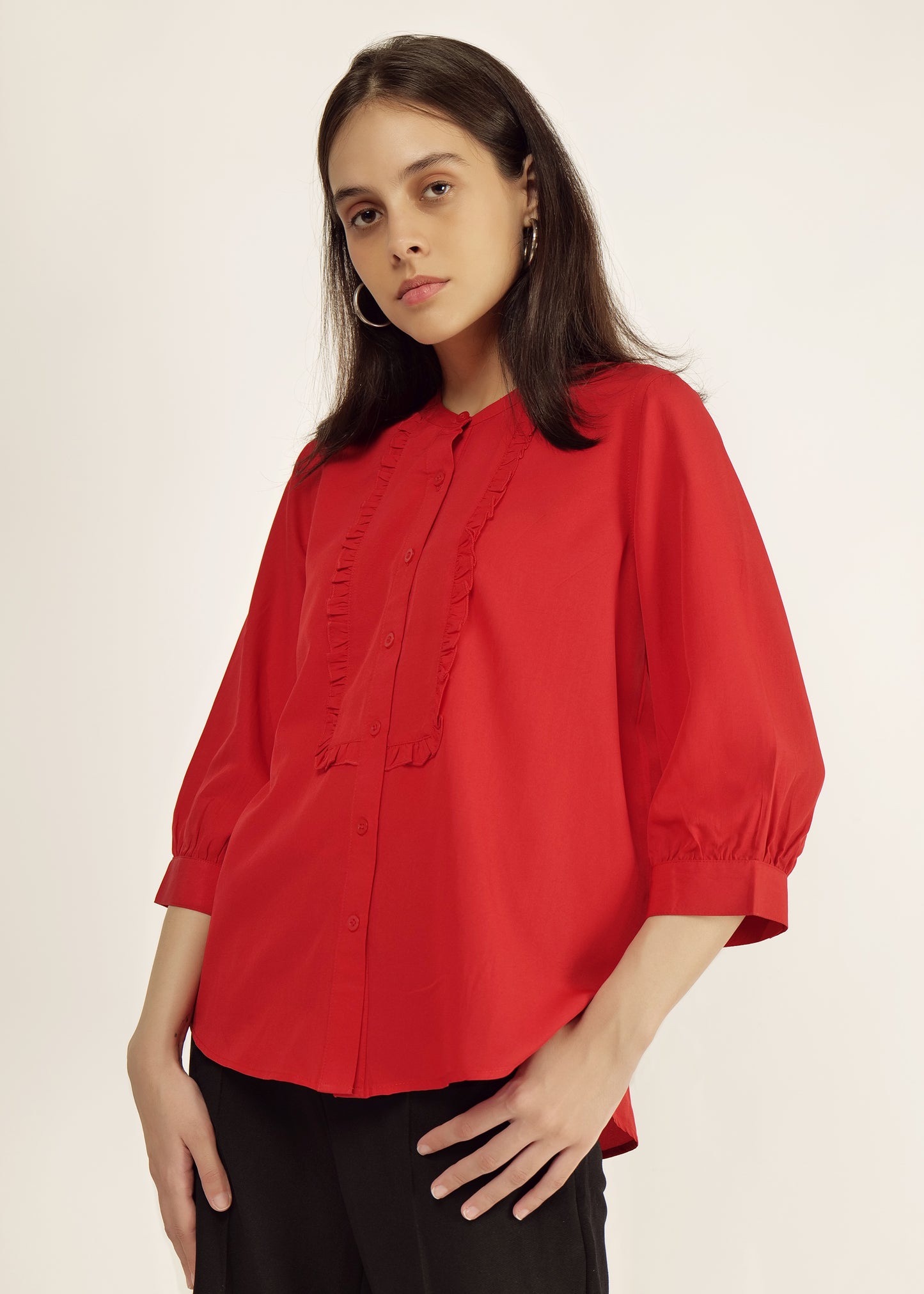 Red Mandarin Collar Shirt casual/of fit Young girls/women Spread Collar Georgette Casual Shirt polyester Dobby