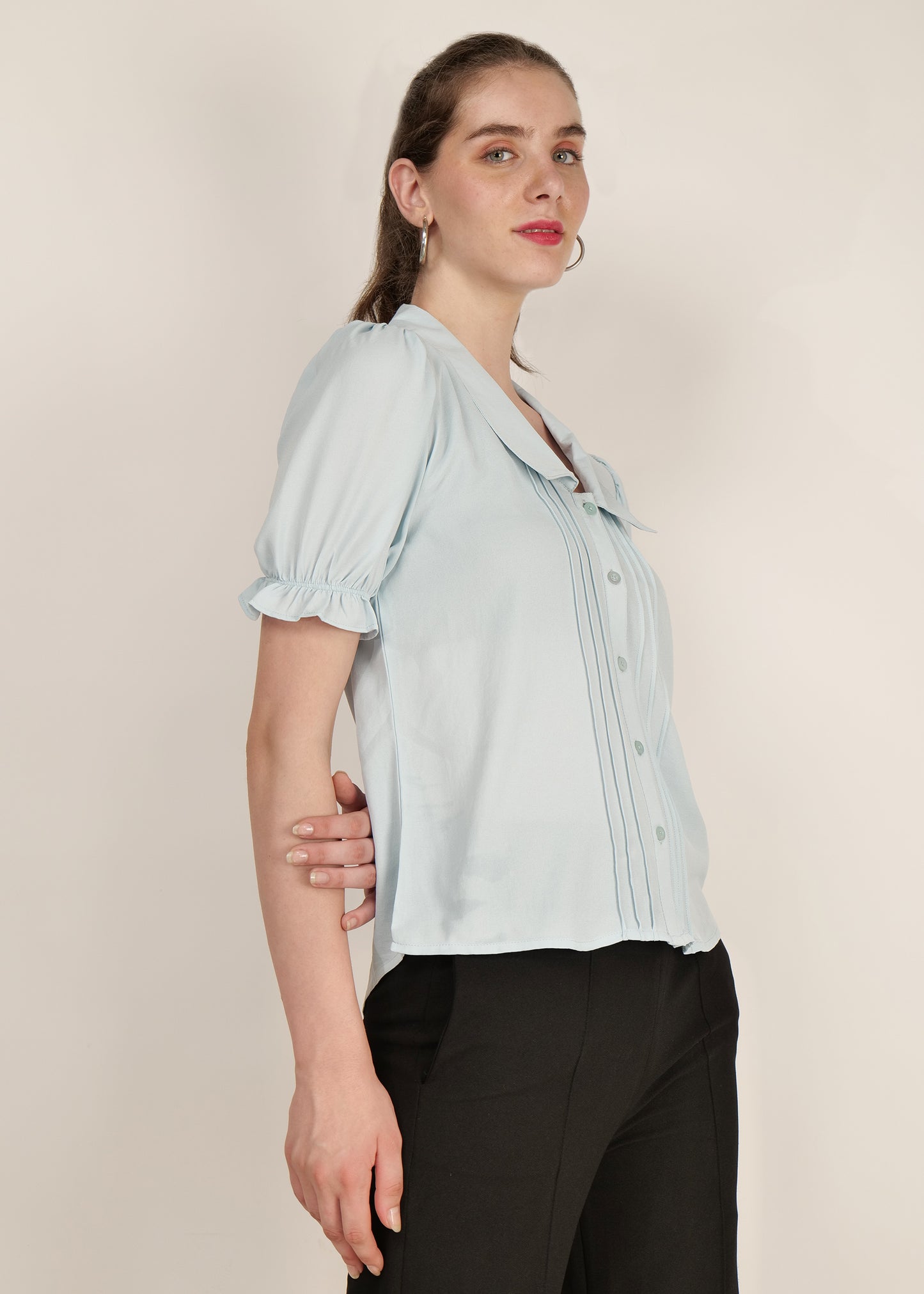 Aqua blue T-shirt office/ casual women puff sleeve pintuck poly