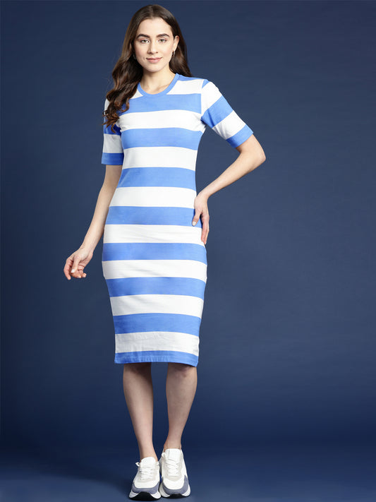 Blue And White Striped Midi Length T Shirt Dress