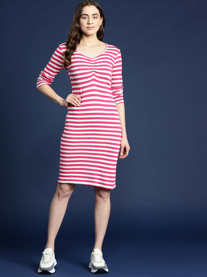 Red And White Striped Ruched Detail Bodycon Knee Length Dress