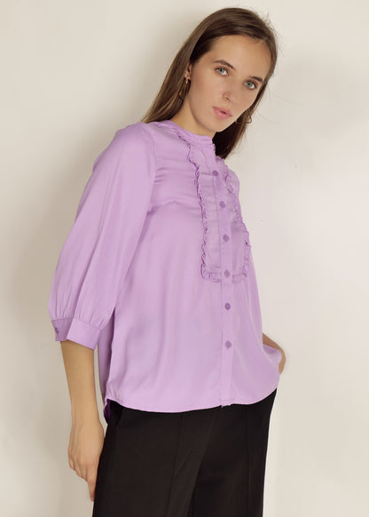 Lavender Mandarin Collar Shirts casual/Office young girls/women Lavender Solid Front Ruffled 3/4 Sleeve 100polyester Dobby