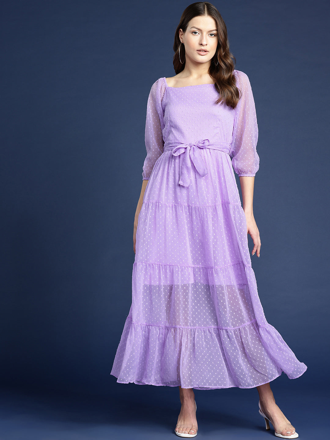 Lavender Dobby Belted Tiered Maxi Dress