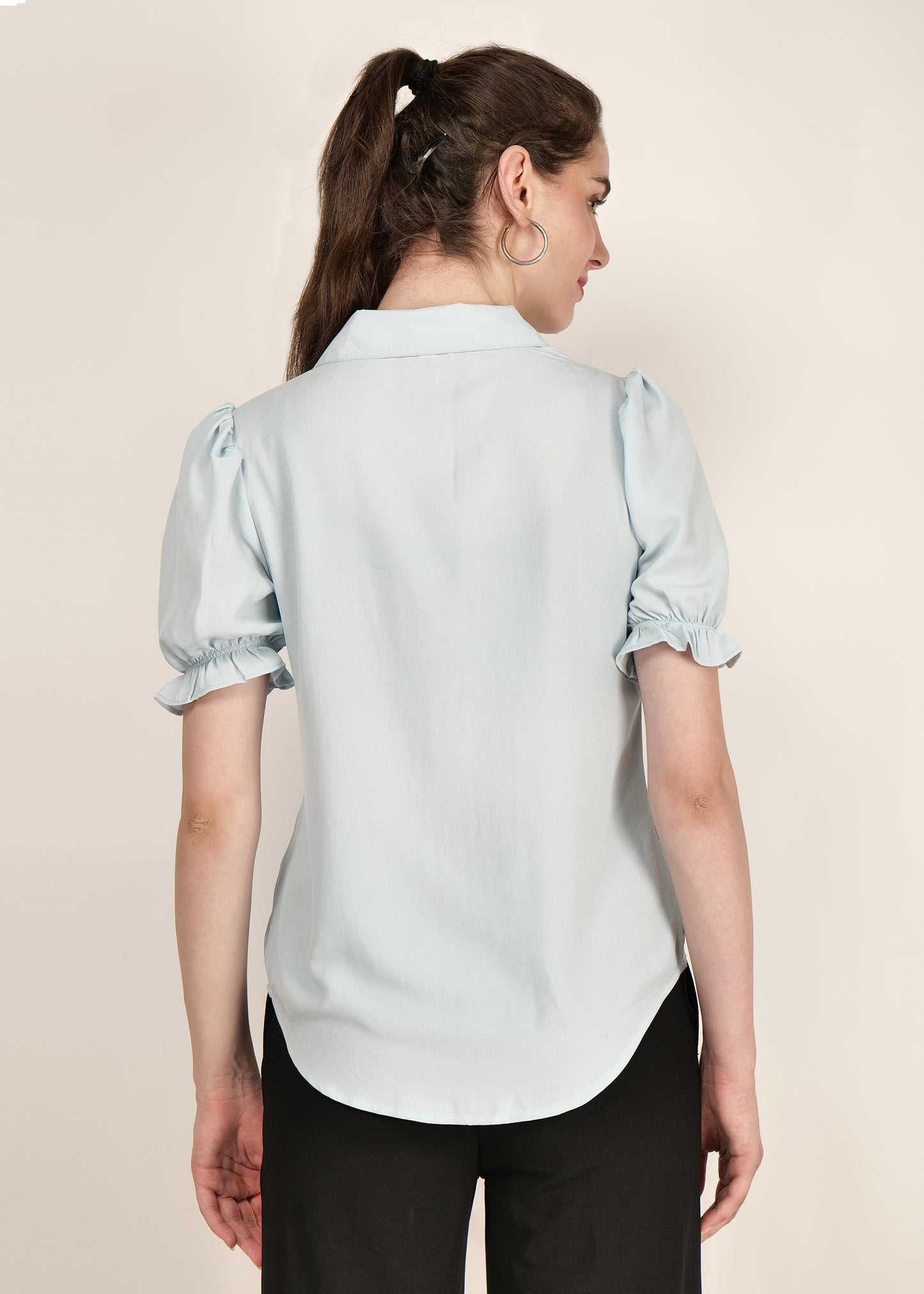 Aqua blue T-shirt office/ casual women puff sleeve pintuck poly