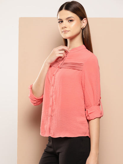 Coral pink solid opaque pintuck shirt casual/Office women has a spread collar