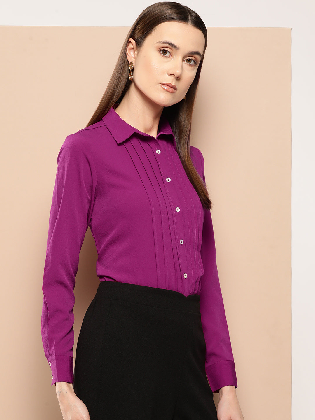 Purple solid opaque Semiformal shirt casual/Office young girls/women spread collar, button placket, long regular sleeves, curved hem polyester c