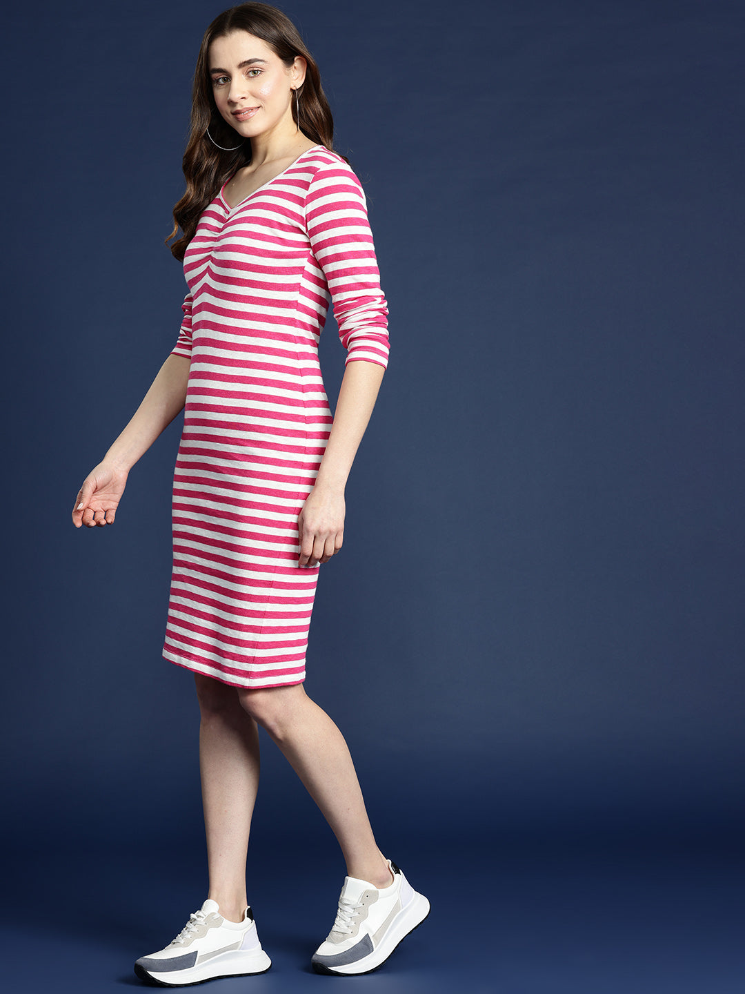 Red And White Striped Ruched Detail Bodycon Knee Length Dress